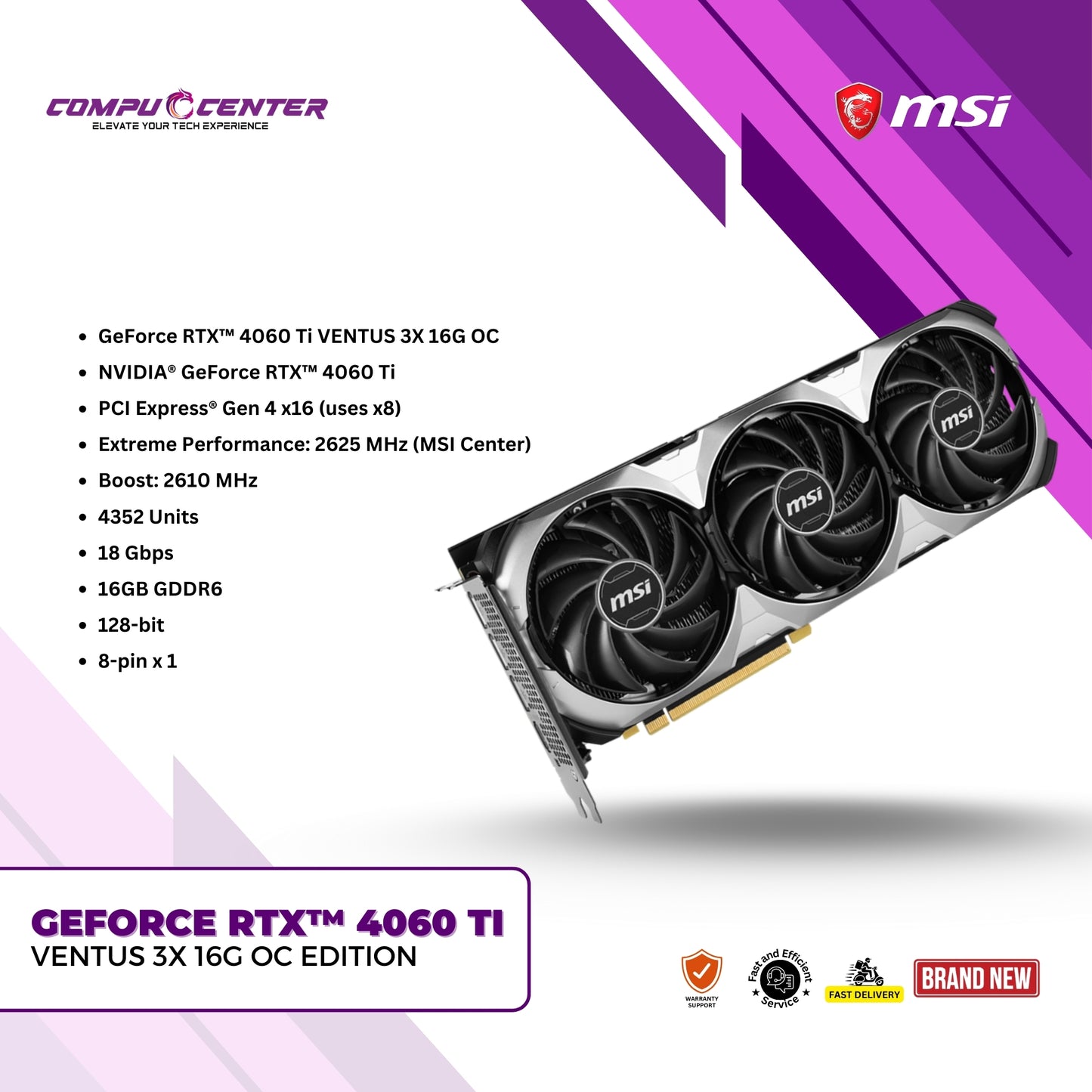 MSI | NVIDIA® GeForce RTX™ 4060 Ti Ventus 3X OC | 16GB GDDR6